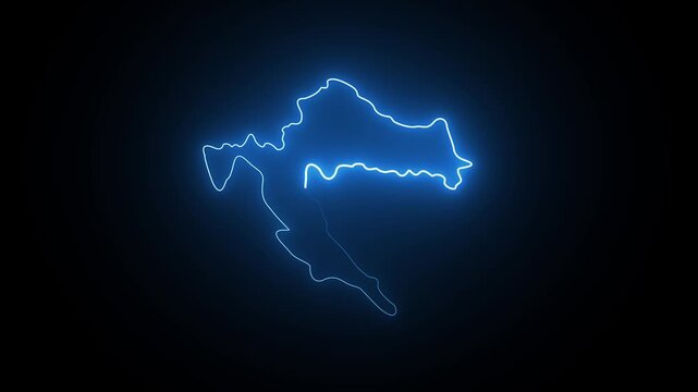 Glowing blue neon light outline map of croatia on a dark black background