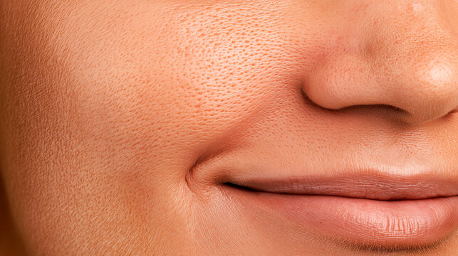 macro close up of healthy facial skin texture with natural lips and nose concept for skincare dermatology cosmetology beauty routines and aesthetic wellness with copyspace