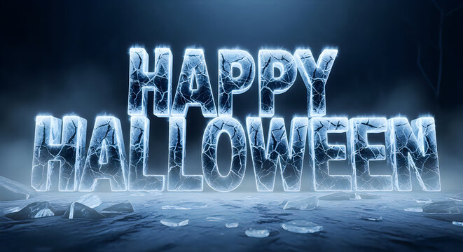 Happy halloween text made of frozen ice letters on dark background