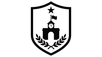 Fototapeta premium Shield shaped emblem with clock tower and laurel wreath black silhouette on white background