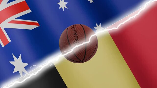 Spinning basketball ball against waving flags Belgium and Australia separated by a diagonal electric effect, seamless 4k loop