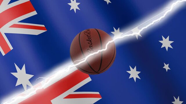 Spinning basketball ball against waving flags Australia and Australia separated by a diagonal electric effect, seamless 4k loop