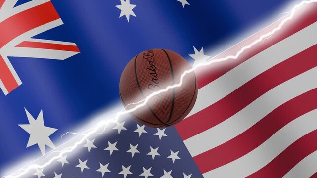 Spinning basketball ball against waving flags United States of America and Australia separated by a diagonal electric effect, seamless 4k loop