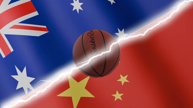 Spinning basketball ball against waving flags China and Australia separated by a diagonal electric effect, seamless 4k loop