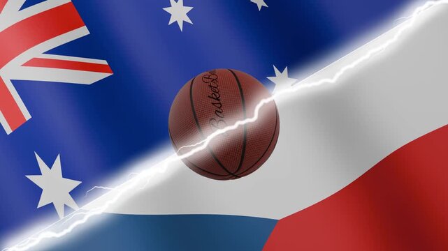 Spinning basketball ball against waving flags Czechia and Australia separated by a diagonal electric effect, seamless 4k loop