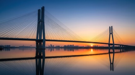 Fototapeta premium Cablestayed bridge over a river at sunset