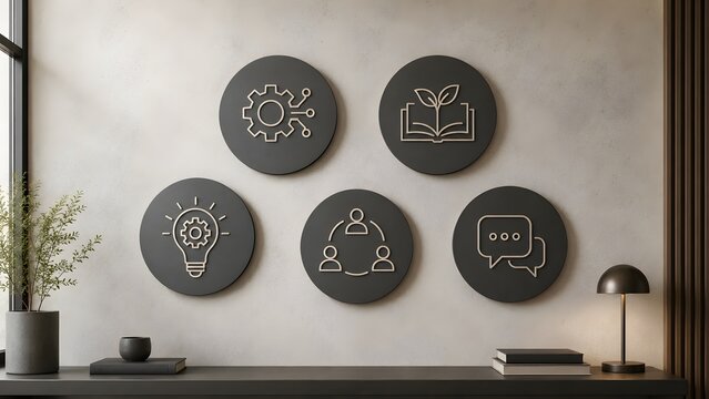 Core business values concept icons for innovation sustainability teamwork and communication on minimalist office wall