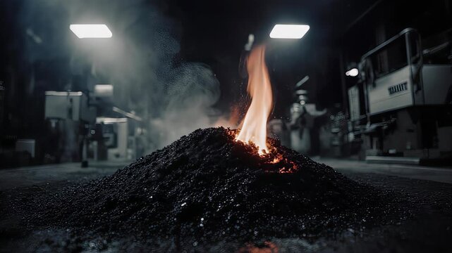 Nighttime Industrial Fire On Pile Of Debris In Street.