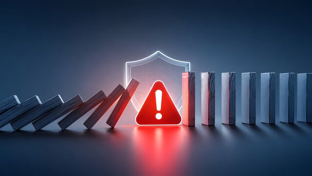 Business risk management and crisis prevention stopping falling domino chain reaction with glowing shield