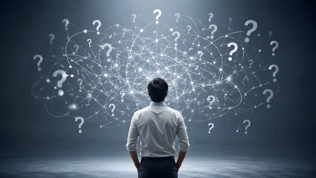 Complex problem solving and business decision making concept with businessman analyzing tangled network of questions
