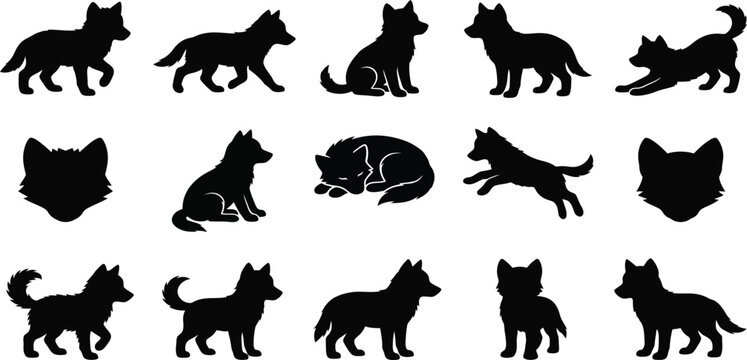 wolf cub silhouette set, cute wild pup vector shapes, playing sitting sleeping animal icons, young predator collection for logo design