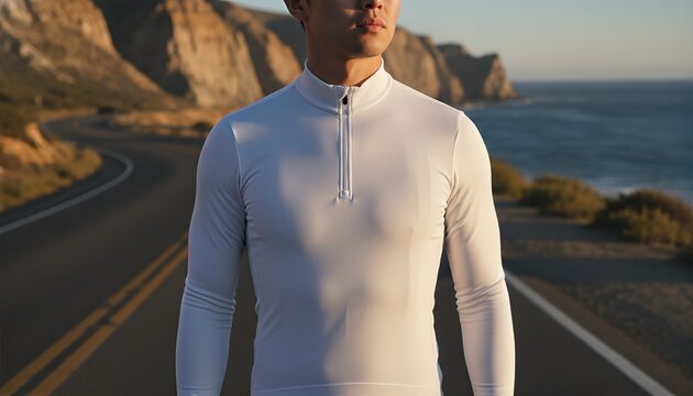 Athletic East Asian man wearing a blank white cycling jersey on a scenic coastal road