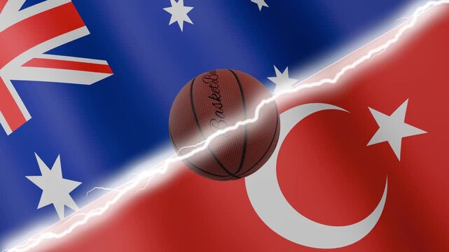 Spinning basketball ball against waving flags Turkey and Australia separated by a diagonal electric effect, seamless 4k loop