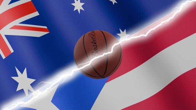 Spinning basketball ball against waving flags Puerto Rico and Australia separated by a diagonal electric effect, seamless 4k loop