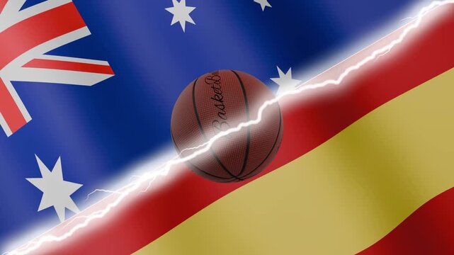 Spinning basketball ball against waving flags Spain and Australia separated by a diagonal electric effect, seamless 4k loop