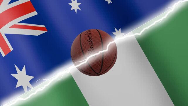 Spinning basketball ball against waving flags Nigeria and Australia separated by a diagonal electric effect, seamless 4k loop