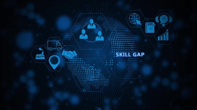 Digital skill gap concept with animated global network and corporate business infographics featuring human resources development strategy and modern technological workforce training solutions