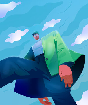 Low Angle Fashion Portrait of Young Man Against Blue Sky