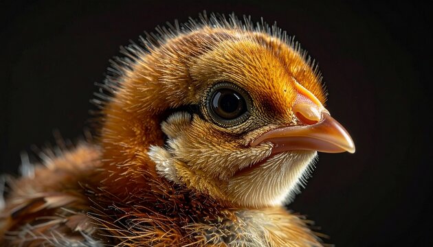 Close-up portrait of a fluffy brown chick with big eyes.