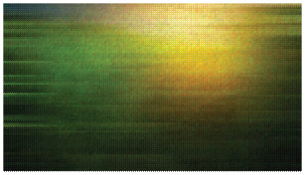 Abstract green pixel landscape background with yellow sunlight effect.