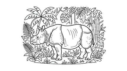 Sleek Black and White Line Drawing of a Rhino in a Tropical Forest Habitat with Palm Trees and Bamboo © Ucul
