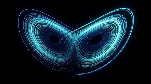 Lorenz attractor butterfly fractal. Abstract chaotic system visualization on black background.