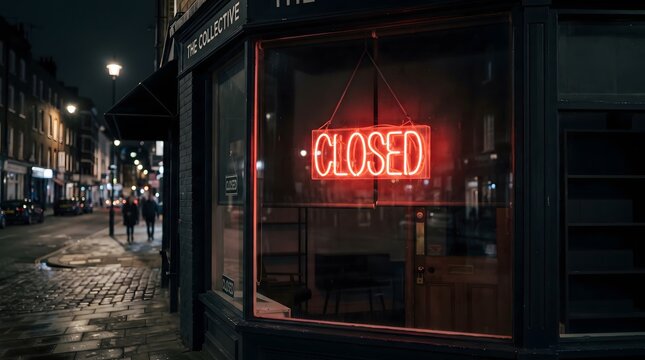 Neon closed sign displayed in a storefront window at night, indicating business closure after operating hours