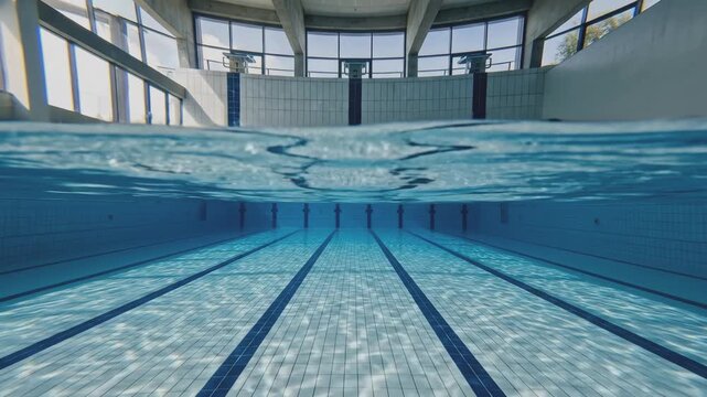 Camera Submerging into Empty Indoor Competition Swimming Pool with Lane Markings