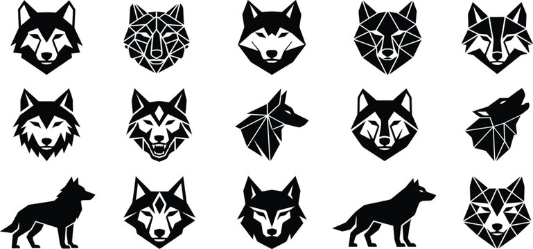 geometric wolf logo set, low poly animal vector icons, modern wolf head silhouettes, wild predator badge collection for branding design