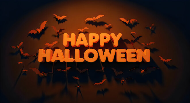 Happy halloween greeting card with flying bats on dark background