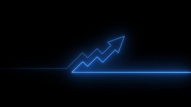 Neon blue financial growth arrow chart animation on black background, business success .upward arrow animation 4k motion graphics video. red arrow pointing up graphics animation ..