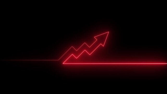 Neon blue financial growth arrow chart animation on black background, business success .upward arrow animation 4k motion graphics video. red arrow pointing up graphics animation ..