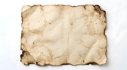Fototapeta premium Blank vintage parchment paper with burnt edges and brown stains isolated on a white background