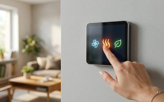 Smart home wall thermostat with neon touch icons controlled by hand.