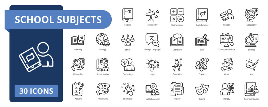 School Subjects Icons Set. 30 Outline style collection set. Containing Mathematics, Reading, Algebra, Biology, Business Studies, and more icons.