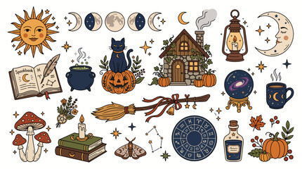 Collection of hand drawn mystical and witchy elements featuring celestial bodies magic tools pumpkins and cozy cottagecore autumn illustrations © Ashok