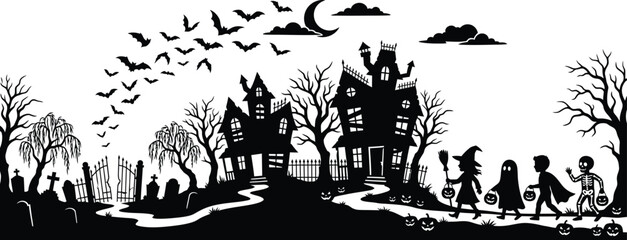 Fototapeta premium a spooky Halloween scene with children trick-or-treating on a path to a haunted house