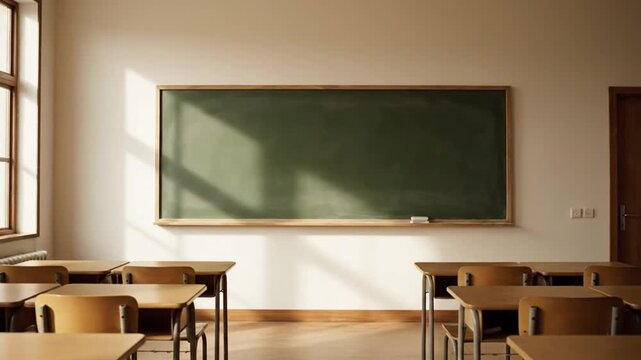 Empty Classroom with Sunlight and Shadows on Desks and Blackboard