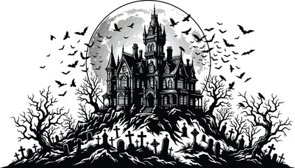 Obraz premium Spooky haunted house on a hill with bats and graveyard at full moon