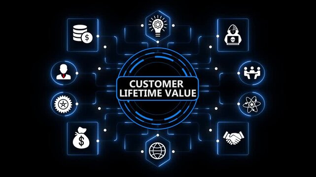 Customer Lifetime Value Dashboard with Intelligent Business Analytics and Digital Growth on Dark Blue Background