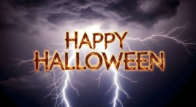 Happy halloween text design glowing against a dark stormy lightning sky