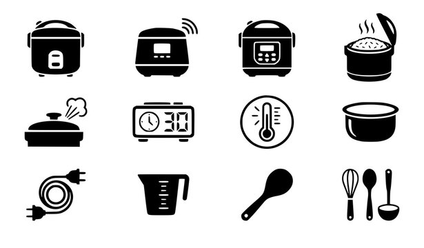 Automatic Rice Cooker and Kitchen Appliance Silhouette Icons for Smart Cooking Vector Design
