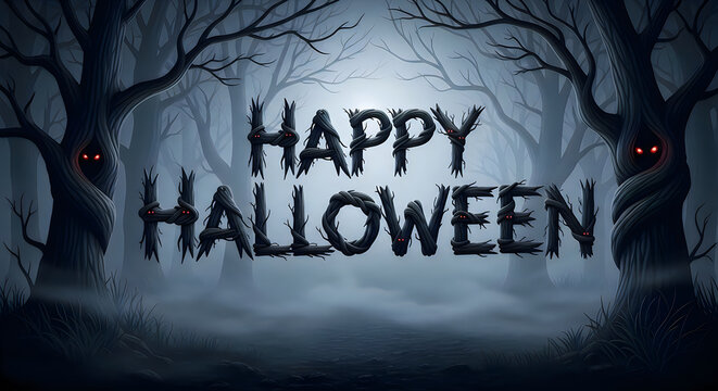Spooky happy halloween greeting text set in a dark misty forest