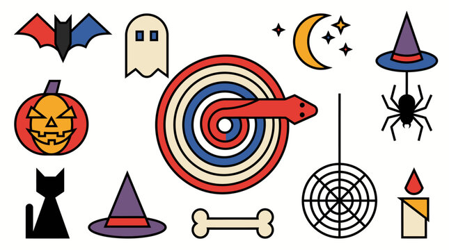 A collection of colorful halloween themed icons featuring a pumpkin ghost bat spider snake target cat and witch hat