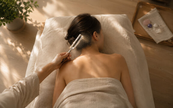 Somatic healing therapy with tuning fork on back of woman lying on massage table in warm natural light creating calm and peaceful mood