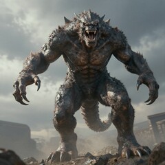 Fototapeta premium Gigantic monstrous creature with sharp claws and glowing red eyes looms menacingly