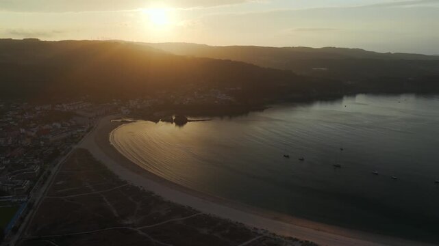 Aerial Sunset View over the Scenic River Canyons, Vineyards, and Rolling Hills of Ribeiro and Ribeira Sacra in Galicia, Spain