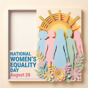 National Women's Equality Day August 26 Paper Cut 3D Frame Template with Blank Photo Space, Diverse Women Silhouettes and Sunburst Floral Design for Social Media Post