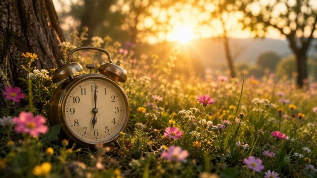 Old vintage alarm clock resting on grass with colorful wildflowers during bright golden sunset hour.
