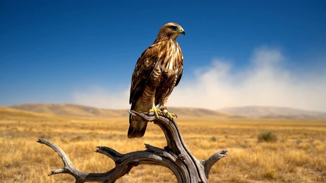 Majestic hawk perched atop weathered tree branch in sunlit arid landscape under brilliant blue sky